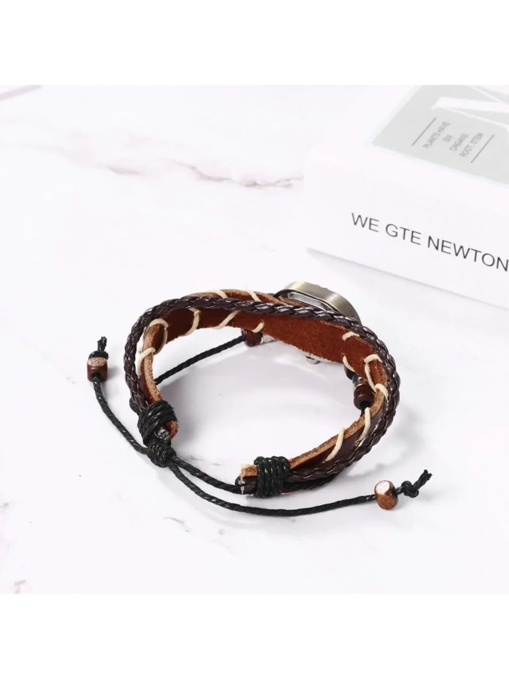 Women's Brown Analog Leaf Oval Case Bracelet Weave Wrap Around Leather Watch - Picture 3 of 6